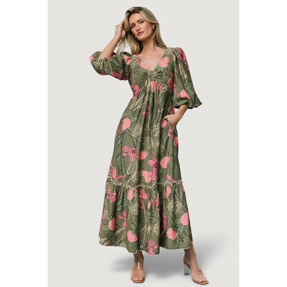 Baltic Born Listicle Lonna Dress in Olive + Fuschia Floral Size Large